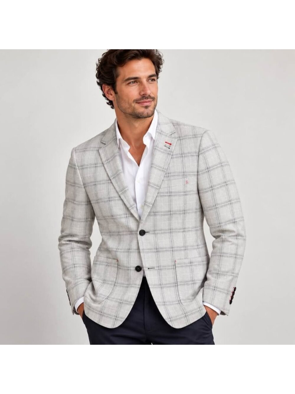 Au Noir light grey windowpane blazer sport coat 40R stretch tailored
